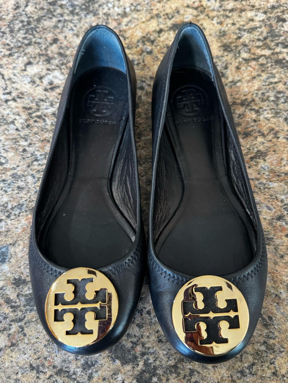 Tory Burch Gold Metal Logo Black Leather Ballet Flats 7 B Classic Fall Shoes